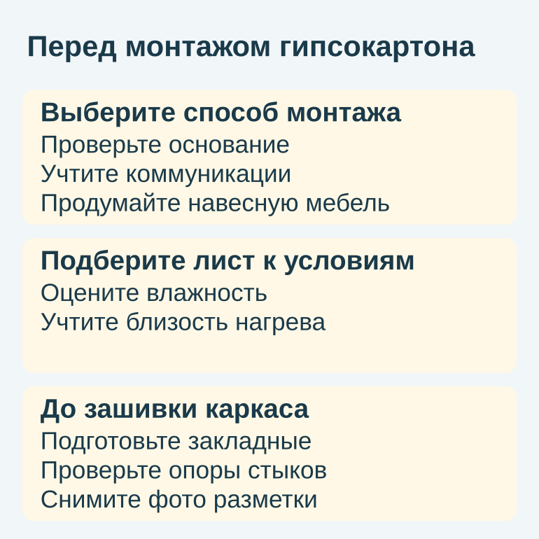 Памятка перед монтажом гипсокартона: выбор способа, условия помещения и подготовка каркаса.