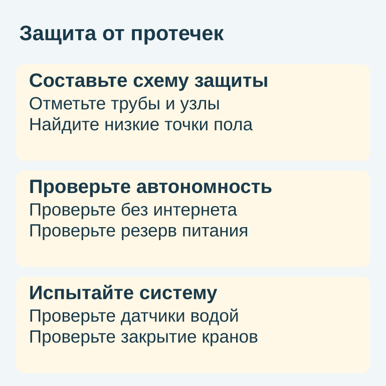 Проверки защиты от протечек: схема рисков, автономность и испытание датчиков с кранами.