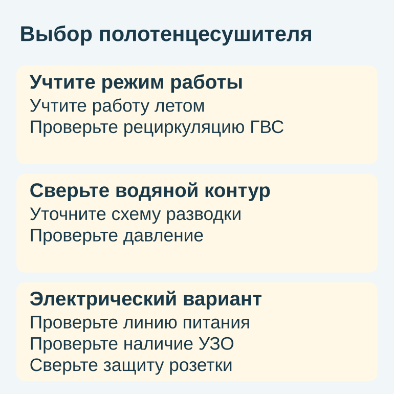 Проверки перед выбором полотенцесушителя: режим работы, водяной контур и электроподключение.