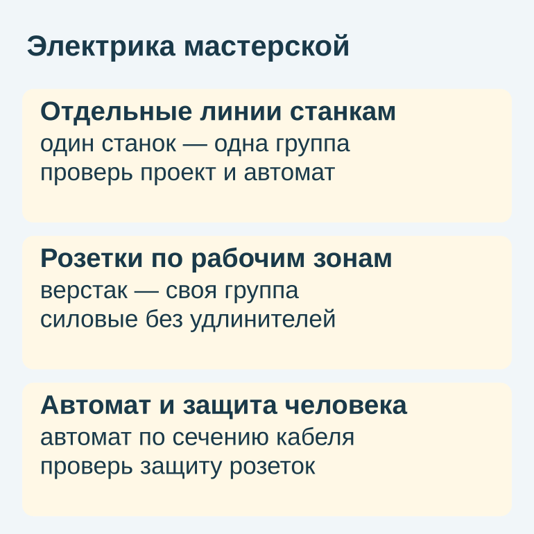 Памятка: линии станков, розетки и защита