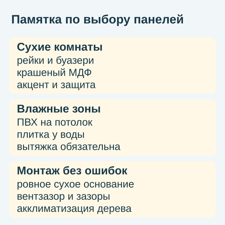 Памятка по выбору панелей для разных комнат и правилам монтажа