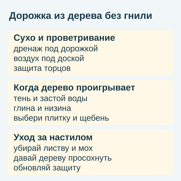Памятка: условия долговечности деревянной дорожки и уход