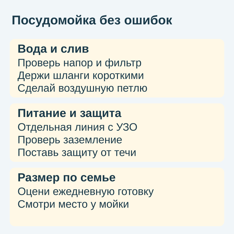 Памятка: вода и слив, питание и защита, размер по семье