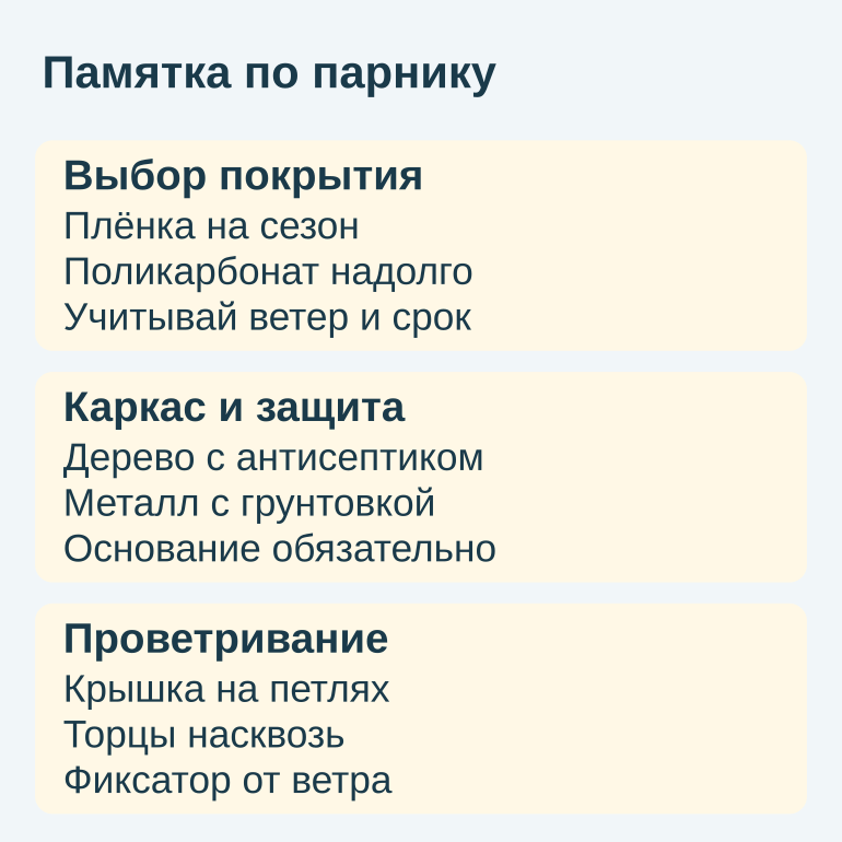 Памятка по выбору покрытия, каркаса и проветривания парника