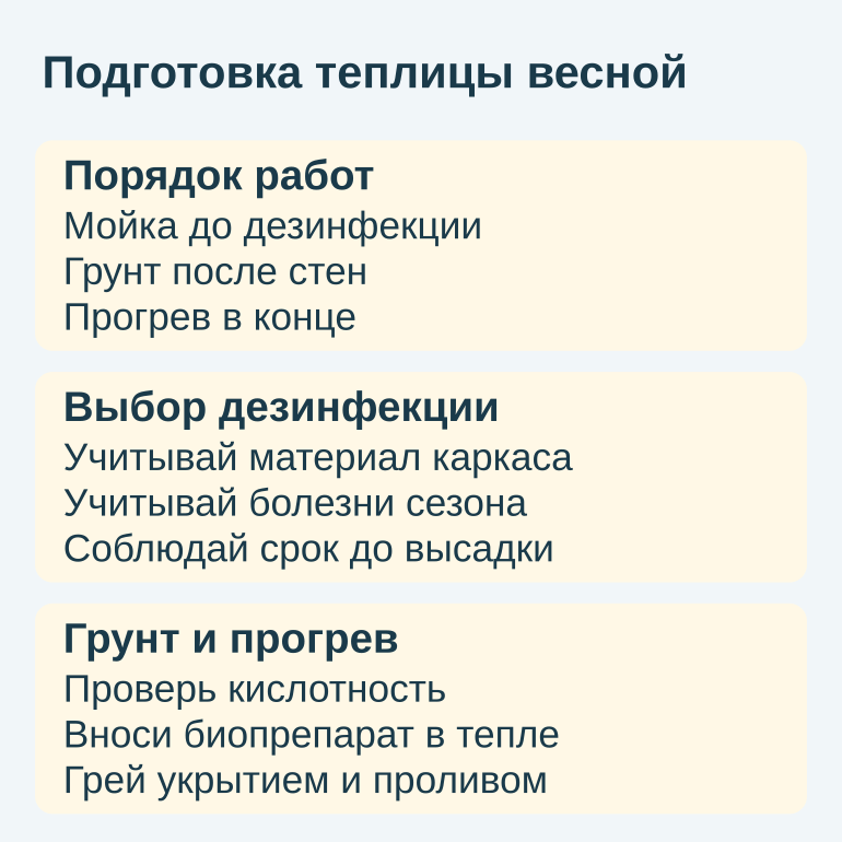 Памятка из трех блоков: порядок работ, выбор дезинфекции, грунт и прогрев