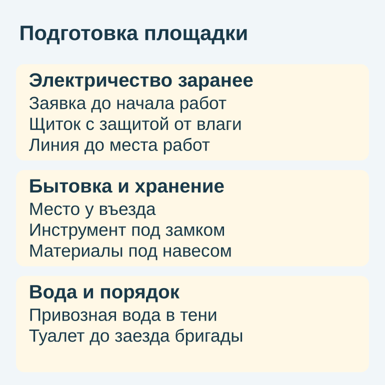 Памятка о подготовке площадки: электричество, бытовка, вода